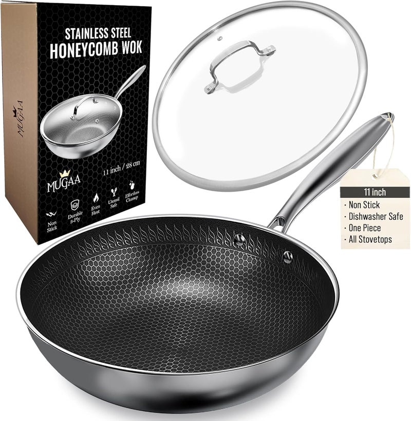 MUGAA Woks & Stir-Fry Pans Nonstick 11" Stainless Steel Wok Pan with Lid | Tri-Ply Honeycomb Hybrid Stir Fry Pan | Induction & Oven Safe | Dishwasher Safe - Image 1